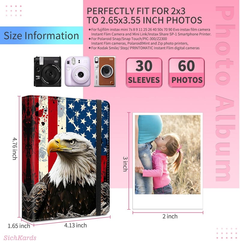 SichKards Mini Photo Album 2x3,60 Photos Capacity,PU Leather Cover with Elastic Band,High Definition Waterproof PP Pages for Family Wedding Anniversary Baby Record,Eagle American Flag - Image 3